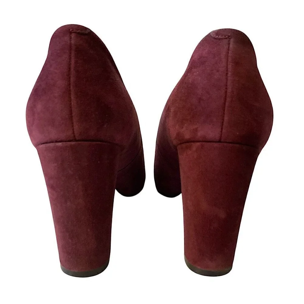 MARC FISHER Suede Pointed Toe Stacked Block Heel Pumps Eggplant Purple